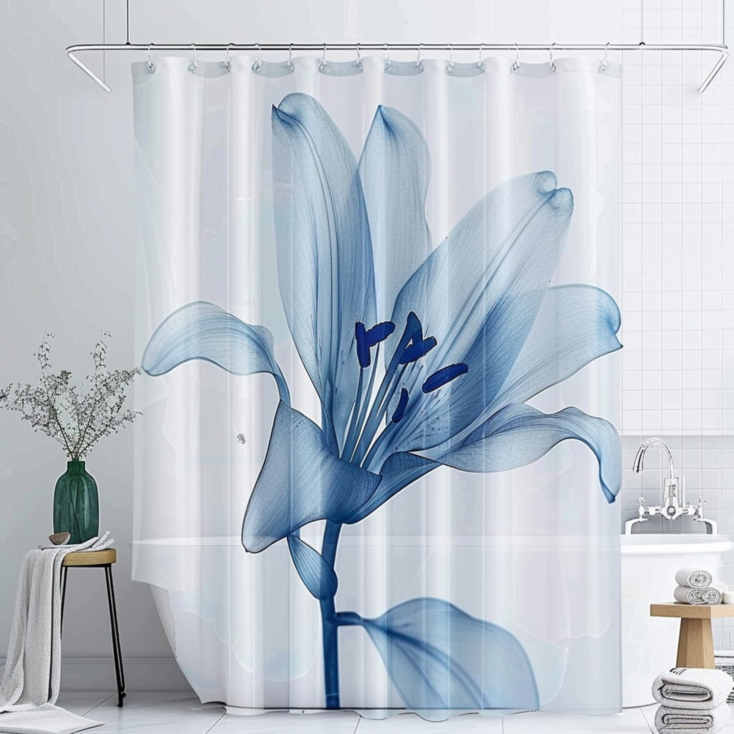 Blue Lily XRay Shower Curtain Elegant Floral Bathroom Decor Modern