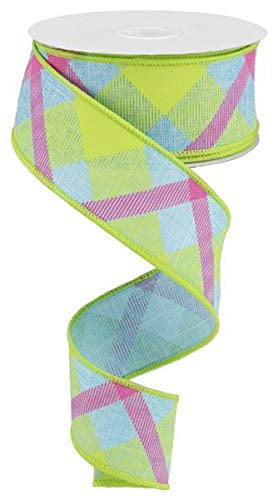 Blue, Lime, Hot Pink Plaid Canvas Wired Edge Ribbon | 1.5 Inches x 50 Yards