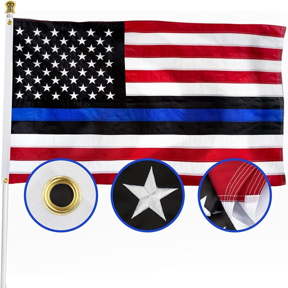 Blue Line American Flag Blue Lives Matter 3x5 Outdoor - Heavy Duty 210D Nylon USA Police Flag with Stripe - Embroidered Stars/Sewn Stripes/Brass Grommets - Honoring Law Enforcement Officers