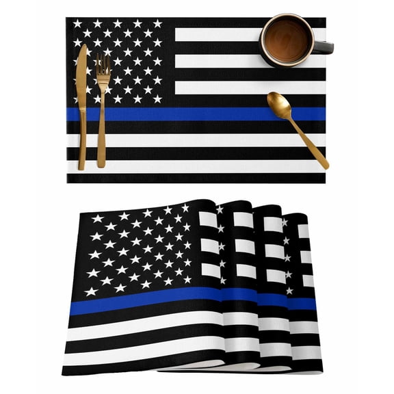 Blue Line American Flag Placemats Set of 1 White Black Stripes Vintage Heat Insulation Washable Place Mats, Rustic Non-Slip Table Mats for Dining Table Party Kitchen Decor,13x19 Inch
