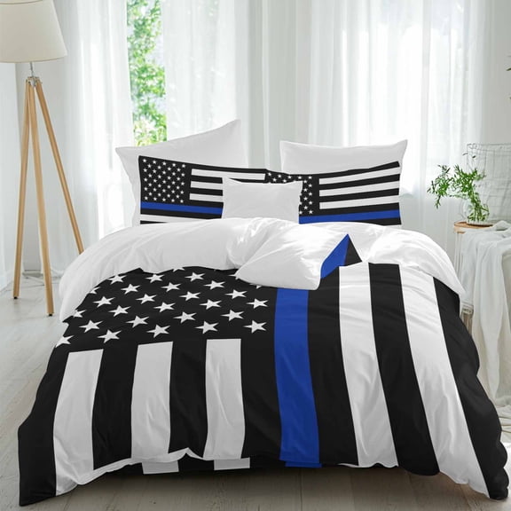 Blue Line American Flag Twin Size Comforter Set, White Black Stripes Vintage Bedding for All Seasons, 4 Pcs Bed Set, 1 Quiltcover (68"x86") ,1Sheet(67"x116"), 2Pillowcases (30"x20")