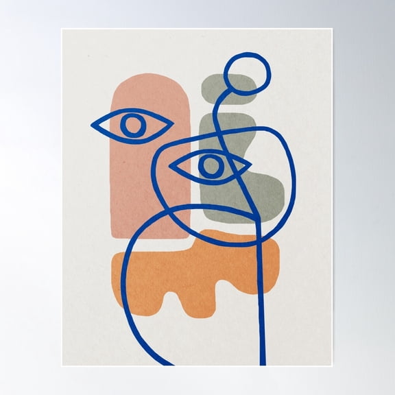 Blue Line Art Abstract Shapes Mid Century Art Print Poster Wall Art, Modern Wall Decor For Living Room Bedroom, 12x18 UNFRAMED
