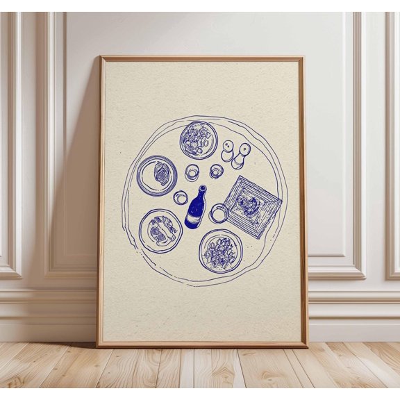Blue Line Art Dining Table Print Modern Kitchen Poster