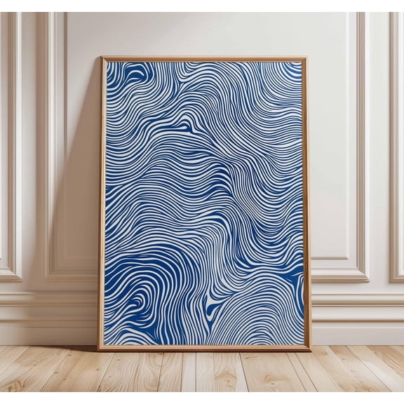 Blue Line Art Minimalist Abstract Modern Wave Contemporary Geometric Scandinavian, Unframed Canvas