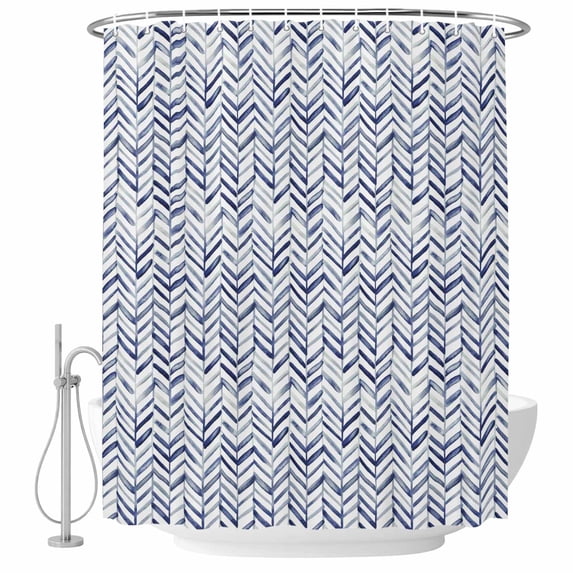 Blue Line Bathroom Shower Curtains with Hooks, Retro Abstract Art Geometric Watercolor Blue Stripe Waterproof Fabric Washable Shower Curtain for Home Hotel Bathtub Decor 72x72 Inch