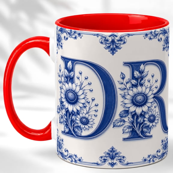 Blue Line DR Initials Coffee Mug, Sunflower Monogram Mug, Ceramic 11 oz