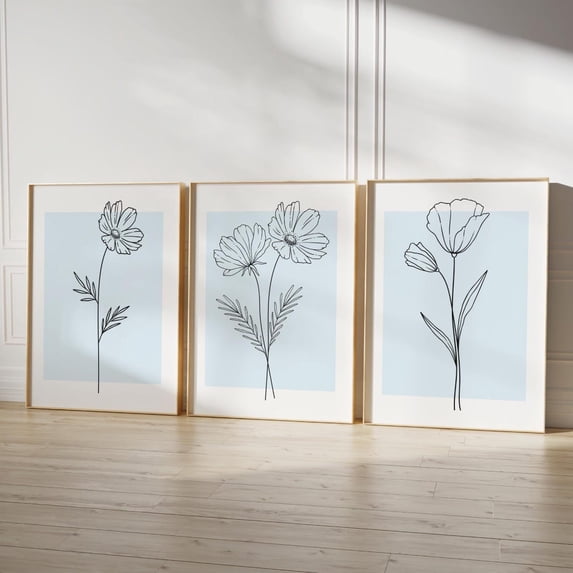 Blue Line Flower Art Prints Botanical Wall Decor Set 3 Unframed Paper Print 16x24