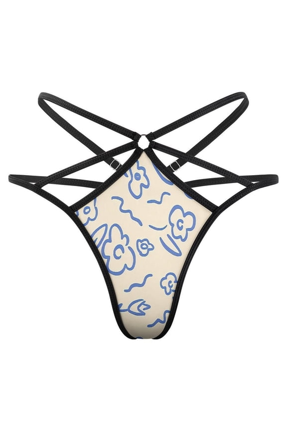 Blue Line Flower Open Type Women's Panties Crotch Opening G-strings Thongs Lingeries Underwear