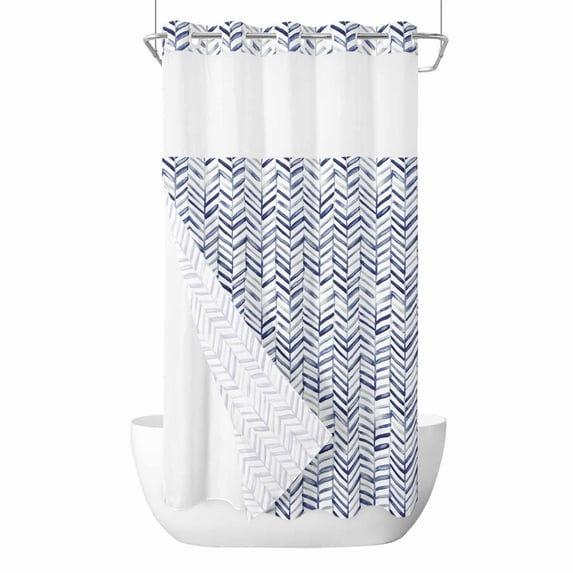 Blue Line No Hook Shower Curtain and Snap in Liner Set, Retro Abstract ...