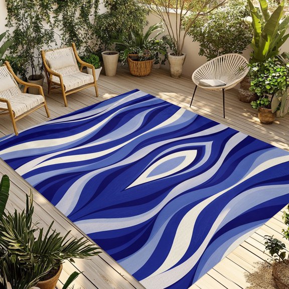 Blue Line Outdoor Rug, Gradient Abstract Twisted Wave Non-Slip Area Rugs Carpet Breathable Large Floor Mat for Outdoors Patio Porch Deck Beach 5’ x 7’