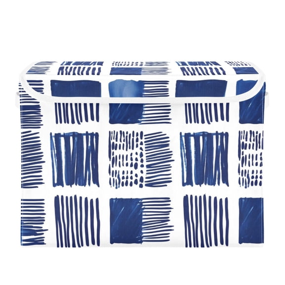 Blue Line Pattern Large Storage Bins with Linen Collapsible Lid Storage Box 16.7 x 12.6 x 11.8in