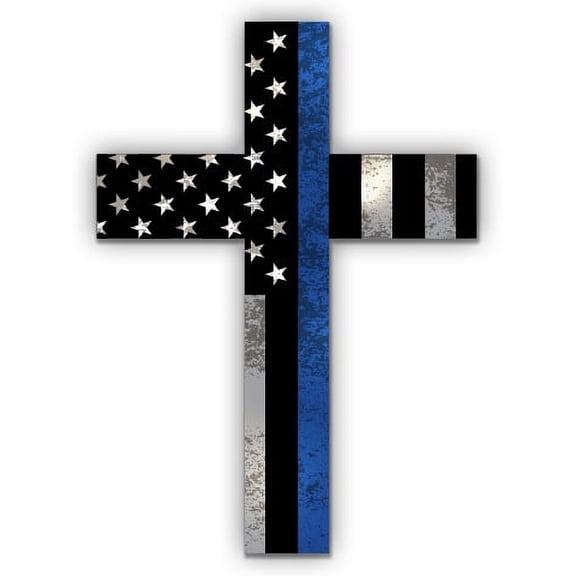 Blue Line Police Cross - 5" Vinyl Sticker - For Car Laptop I-Pad - Waterproof Decal
