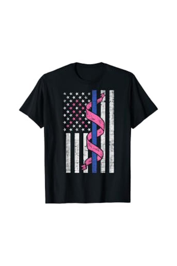 Blue Line Police US Flag Pink Ribbon Breast Cancer Awareness Tee
