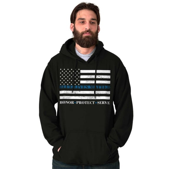 Blue Line US Flag Honor Protect Serve Hoodie Sweatshirt Women Men Brisco Brands L