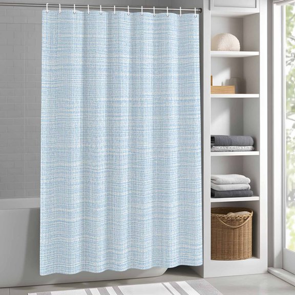 Blue Linen Fabric Shower Curtain for Bathroom, Minimalist Solid Woven Texture Fabric Shower Curtain Set with Hooks, Waterproof Washable Bath Curtain for Bathroom Decor 36"x72"