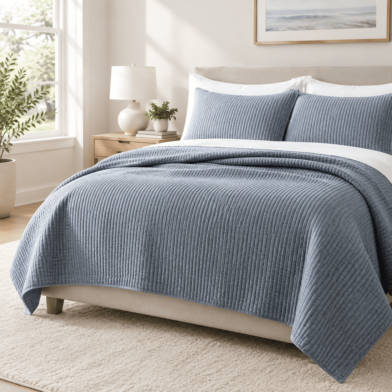 Blue Linen Full/Queen (92" X 98") Ribbed Matelasse Cotton Coverlet Set ...
