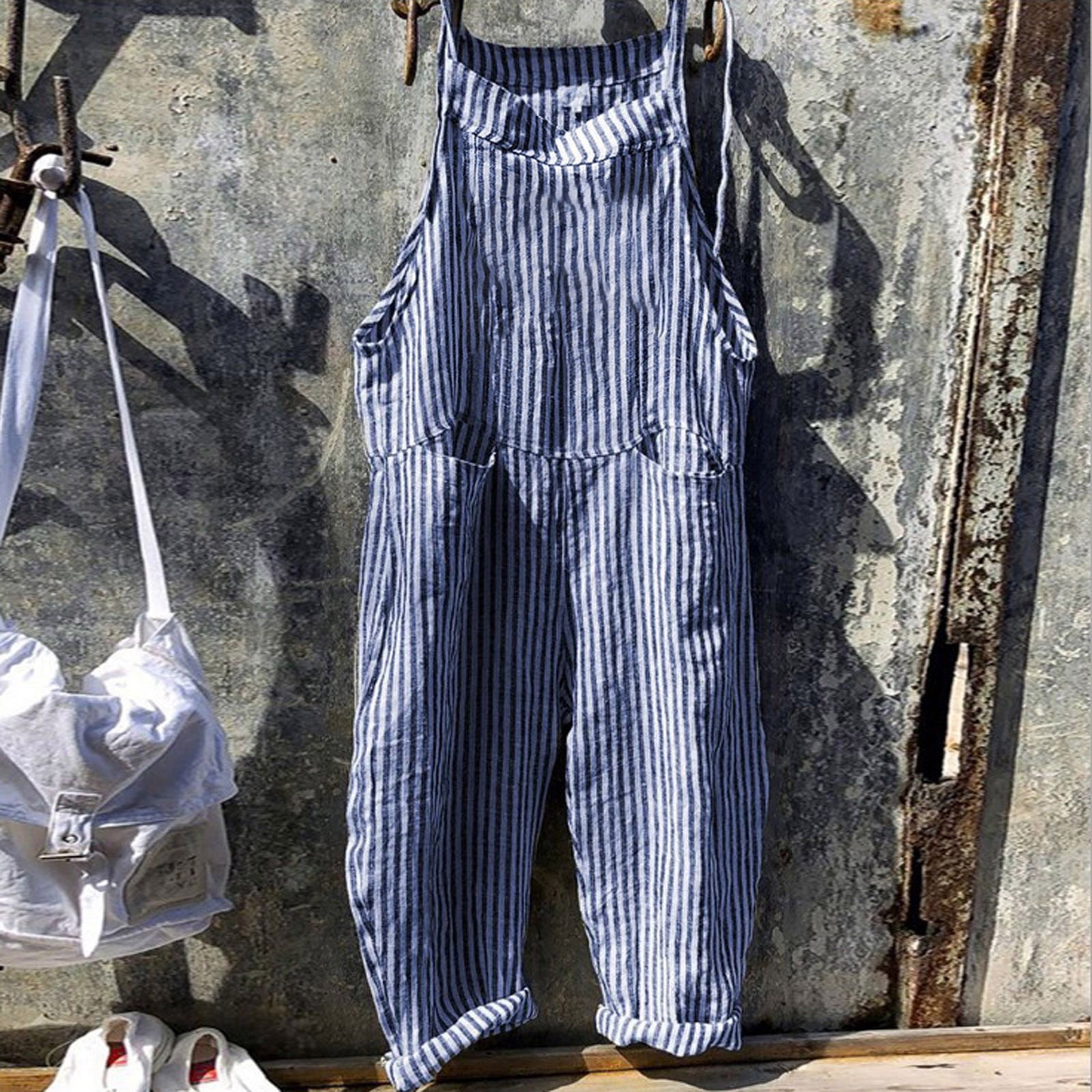 Blue Linen Jumpsuit Stripe Stripe Plus Size Jumpsuit, Fashion Women