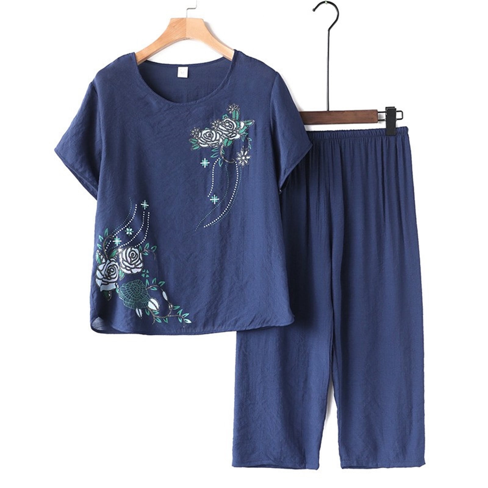 Blue Linen Layered Look Floral Printed Crew Neck Loose Women's Trousers