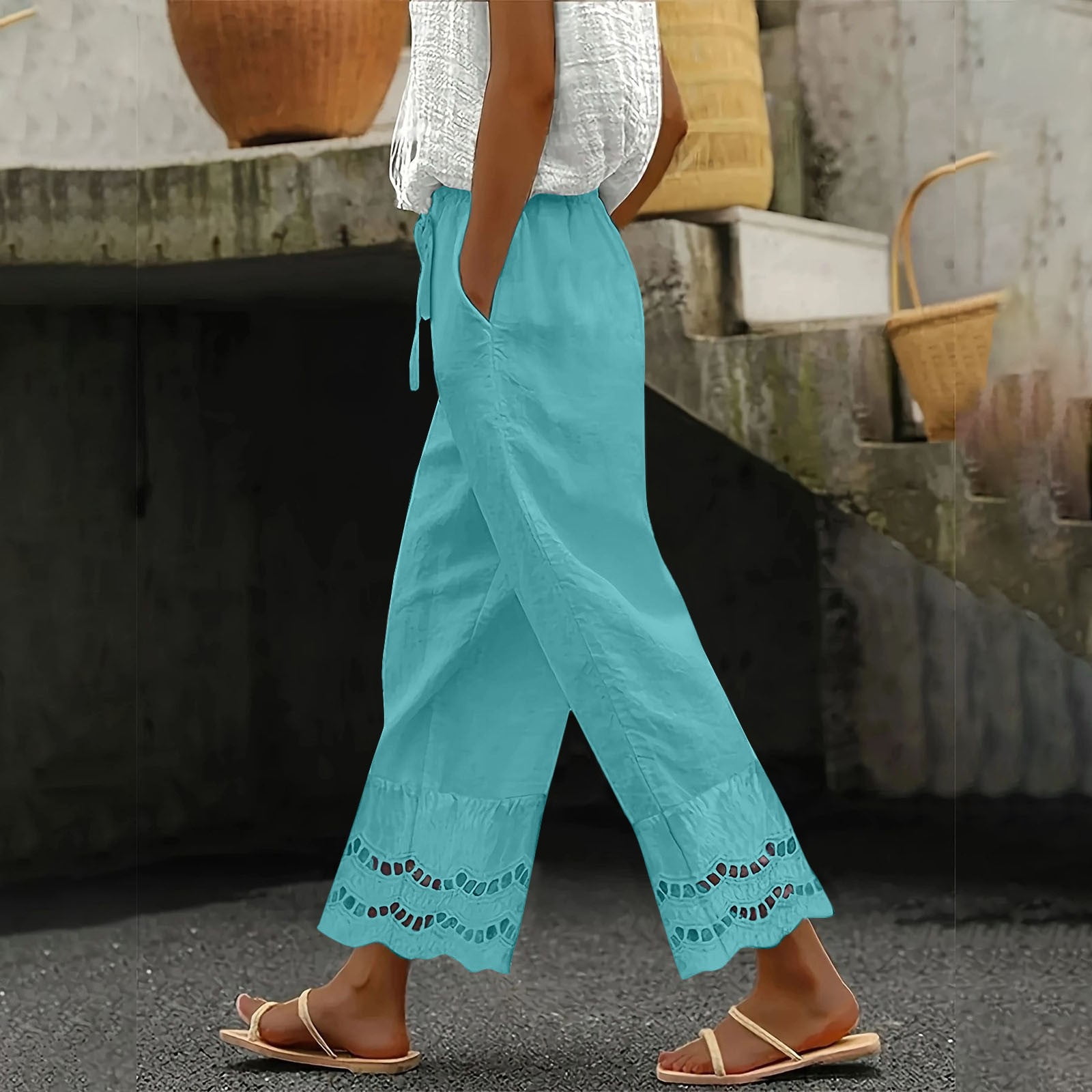 Blue Linen Pants Women Summer 2025 New Women's Casual Loose Fitting — free download