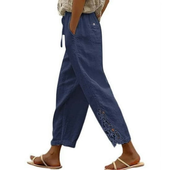 Blue Linen Pants Women's Fashion Solid Color Cotton Linen Elastic Trousers Beach Casual Pants Line