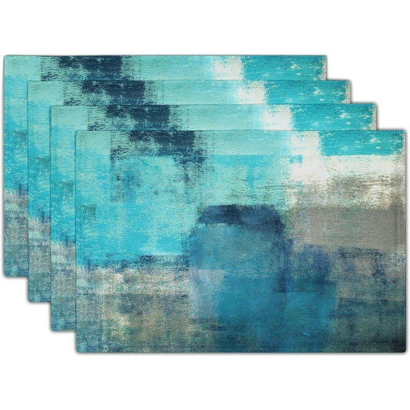 Blue Linen Placemats Abstract Modern Teal Placemat Set of 4 Organic Washable Heat Resistant Place Mat for Dining Table Farmhouse Kitchen Decor and Accessories