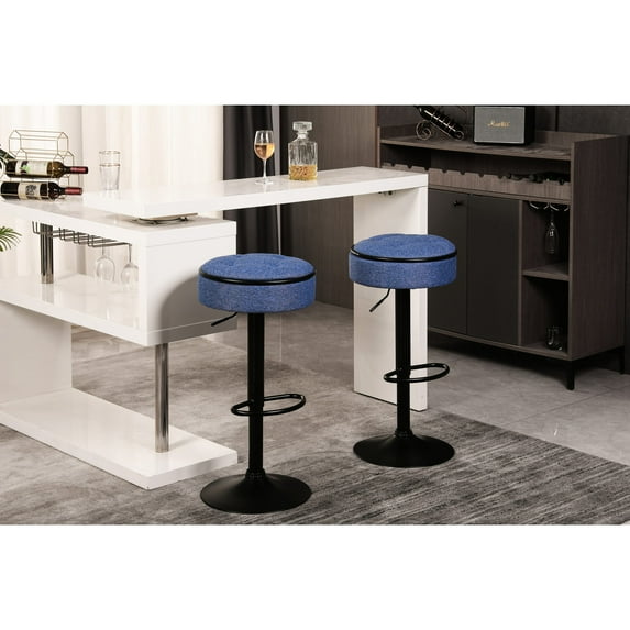 Blue Linen Round Bar Stool Set, 360° Swivel and Hidden Storage Space / Ideal for Dining and Living Areas