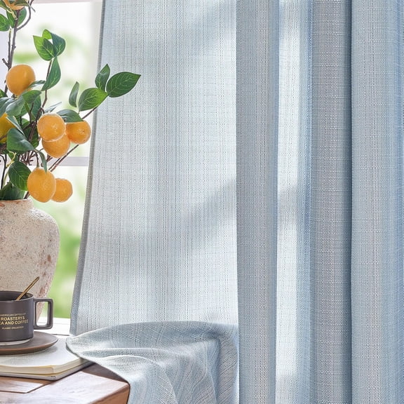 Blue Linen Textured Curtains 84 Inch Length for Living Room Grommet Top Farmhouse Light Filtering Window Drapes Bedroom, 2 Panels Heathered Sky