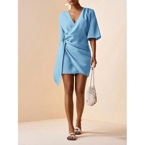 Blue Linen V-Neck Wrap Mini Dress With Side Tie, Casual Summer Style