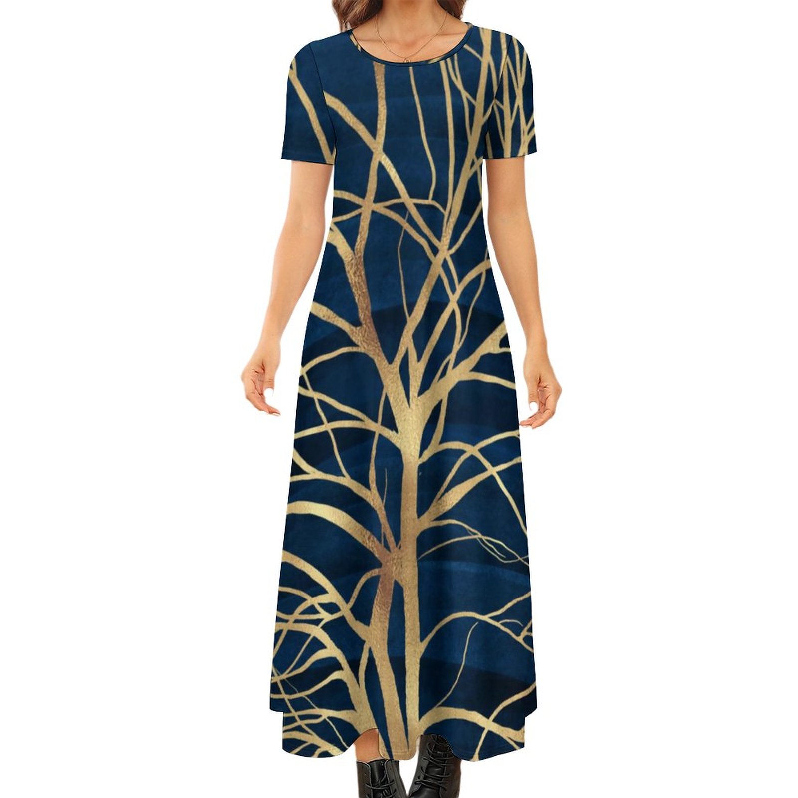 Blue Lines Dress Abstract Print Elegant Maxi Dress Female Short Sleeve ...