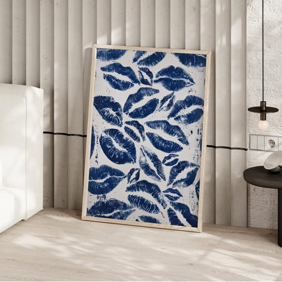 Blue Lips Kiss Wall Art, Preppy Girly Coquette Dorm Decor, Unframed Canvas Size 12x18