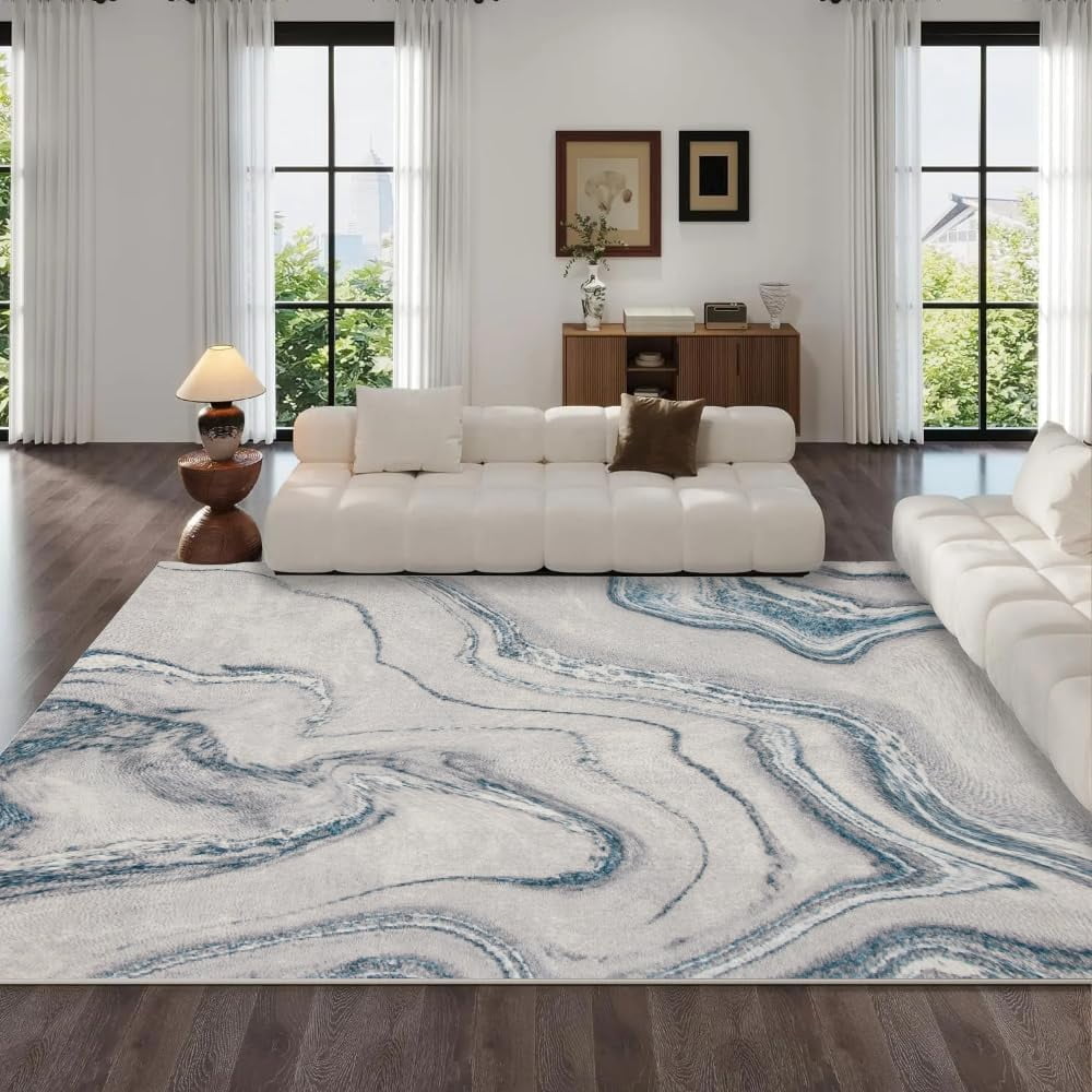Blue Liquid Texture Area Rugs White Background Print Washable Indoor ...