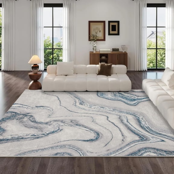 Blue Liquid Texture Area Rugs White Background Print Washable Indoor Rugs for Living Room Bedroom Foldable Anti Slip Area Rug Soft Low Pile Indoor Carpet-5' x 8'
