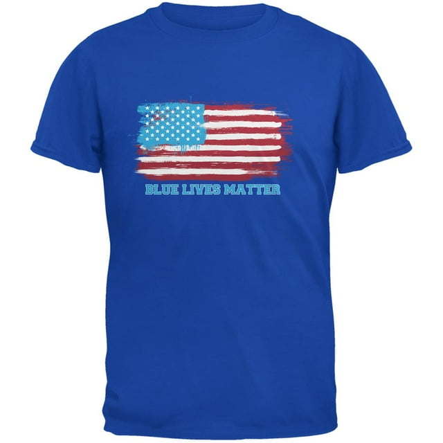 Blue Lives Matter Distressed American Flag Royal Adult T-Shirt - Large