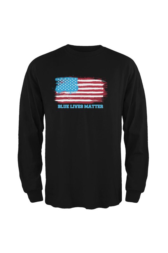 Blue Lives Matter Distressed Flag Black Adult Long Sleeve T-Shirt - Large