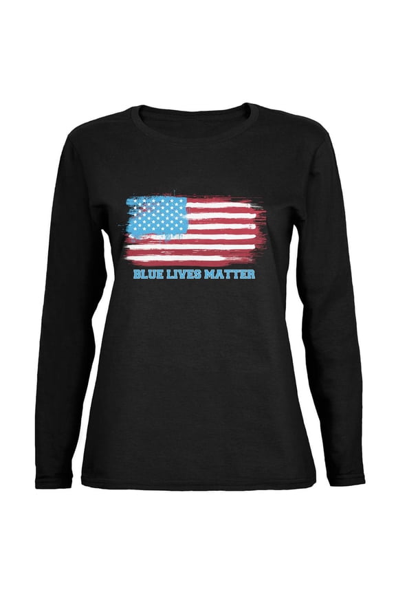 Blue Lives Matter Distressed Flag Black Womens Long Sleeve T-Shirt - Medium