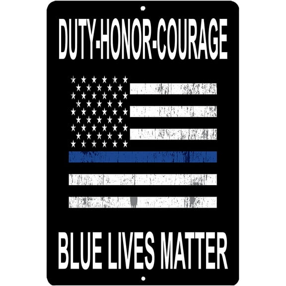 Blue Lives Matter Flag Metal Tin Sign Wall Decor Man Cave Bar Police Officer Thin Blue Line Duty Honor Courage