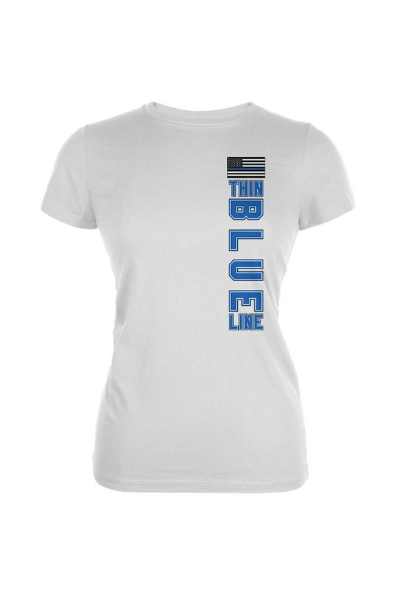 Blue Lives Matter Thin Blue Line American Flag Juniors Soft T Shirt White LG