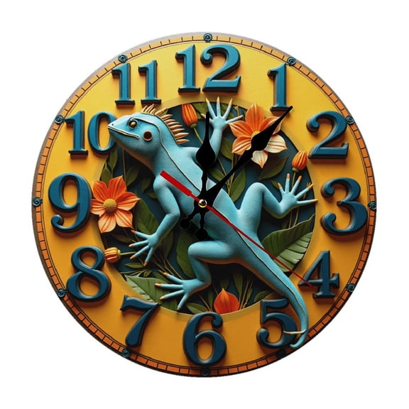 Blue Lizard Orange Flowers Wall Clock 10 Inch Silent Non Ticking Round Wooden Clock Decoration for Living Room Kitchen Bedroom Bathroom Office Classroom