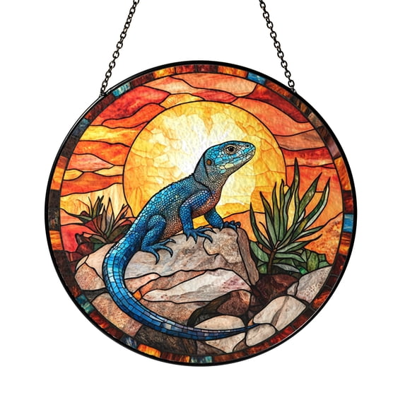 Blue Lizard Stained Glass Panel – Vibrant Lizard on Rock with Sunset ...
