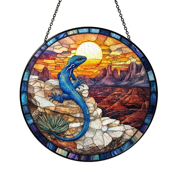 Blue Lizard Stained Glass Style Panel – Sunset Wildlife Window Art