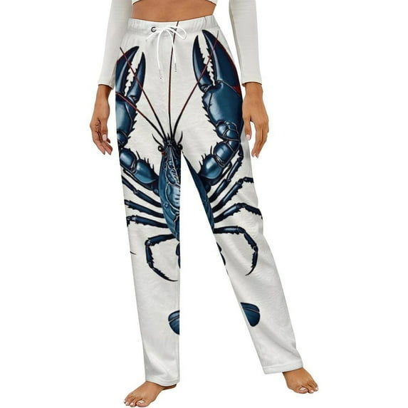 Blue Lobster Illustration Winter Female Pants Flannel High Waist Women Pants Lady Warm Straight Leg Plush Trousers