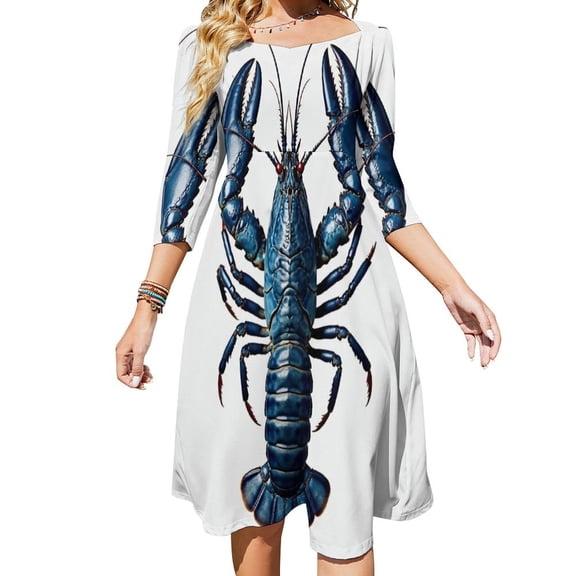 Blue Lobster Illustration Women's 3/4 Sleeve Dresses Elegant A-Line Midi Dress Flare Summer Casual Sundress