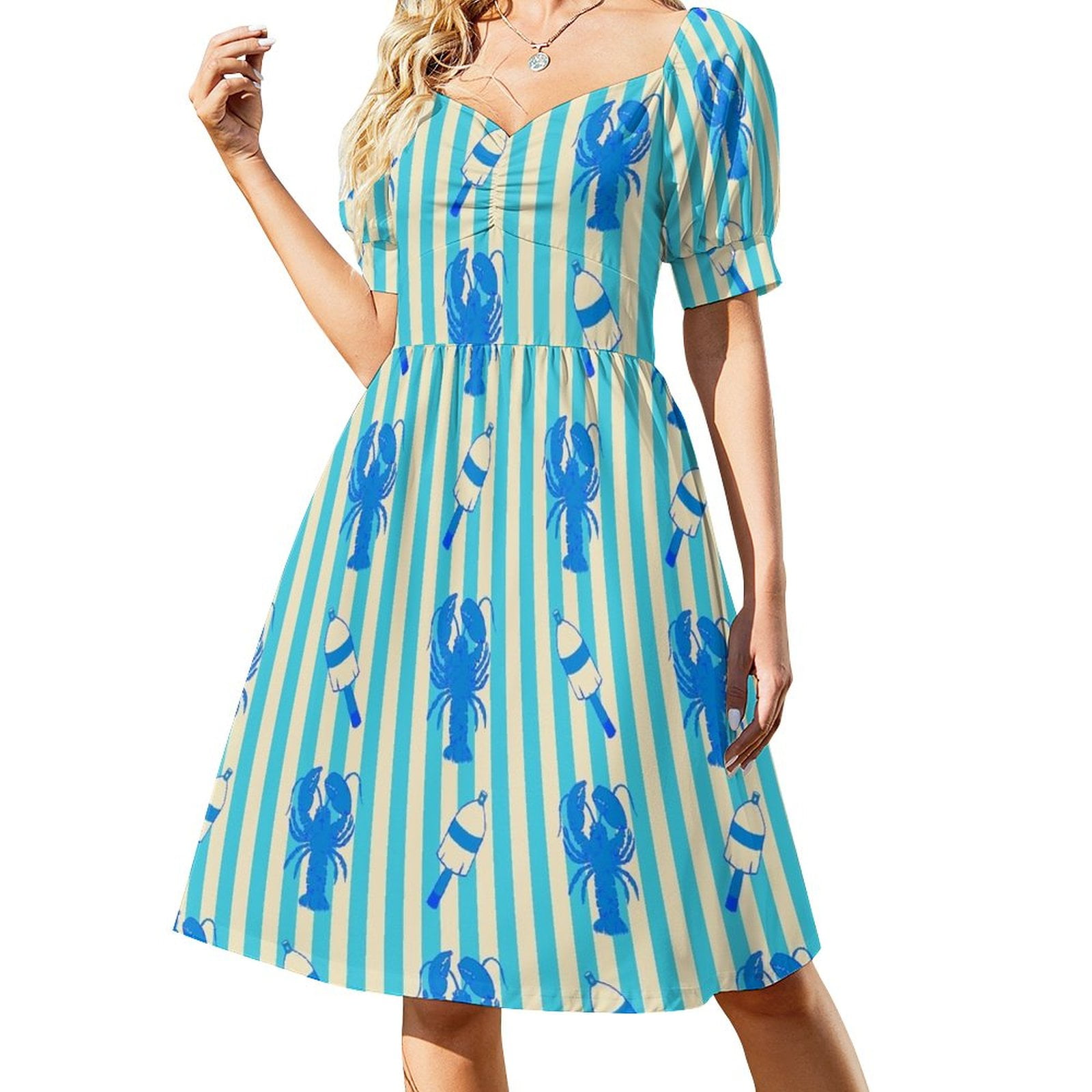 Blue Lobsters and Buoys on Turquoise Awning Stripe Sleeveless Dress