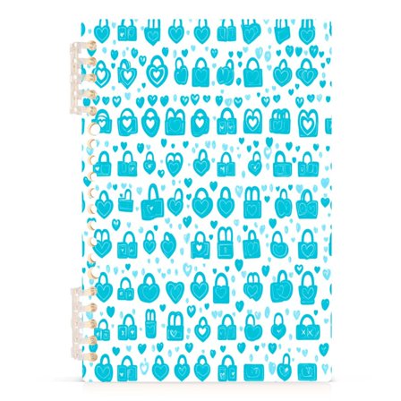 Blue Lock and Heart Pattern A5 8.3x5.7in PP Notebook, Adjustable Rings, 60 Sheets, Diary or Journey Note