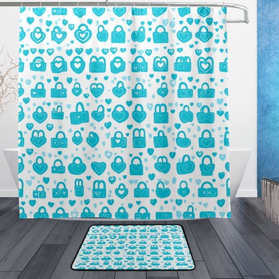 Blue Lock and Heart Pattern Bathroom Accessory Sets Waterproof Shower Curtain with Anti-Slip Bath Mat Durable Combo