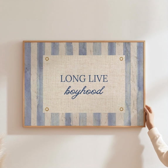 Blue Long Live Boyhood Stripe Nursery Wall Art, Unframed Canvas 8x10in