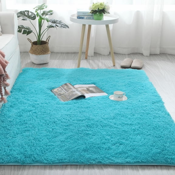 Blue Long-Pile Shaggy Rug – M Size Soft Plush Carpet for Bedroom & Living Room – Non Slip Furry Area Rug – Great for July 4th & Cool Tones