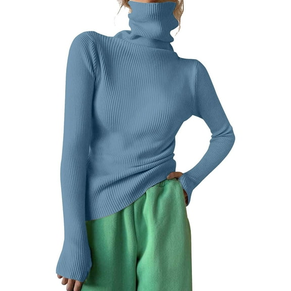 Blue Long Sleeve Shirts for Women, Polyester Plus Size Tops for Women, Women Turtleneck Ribbed Knit Sweater Top Thumb Hole Long Sleeve Mock Neck Solid Slim Fit Casual Knitted Jumper S