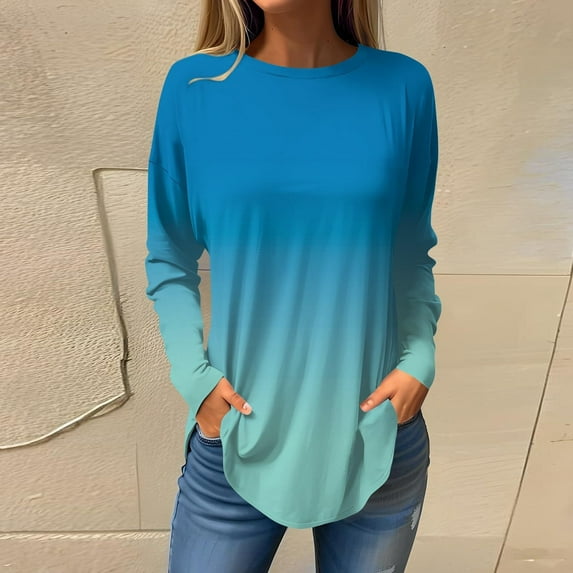 Blue Long Sleeve Shirts for Womens Blouses Dressy Casual Fall Hippie Tshirts Shirts Long Sleeve Cute Tops Floral Tunics Tops Crew Neck Sweatshirts Fashion Clothing