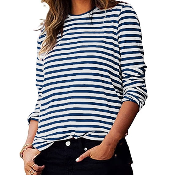 Blue Long Sleeve Shirts for Women's Casual Striped Long Sleeve Tops Crew Neck Knit Ribbed Basic T Shirts Fashion Clothing